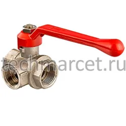 Кран шаровый латунный, трехходовой, муфтовый, Т-образный, PN 16-30 бар